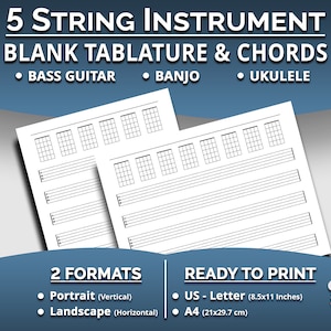 Printable Blank Tabs and Chords for 5 String Bass Guitar, Banjo, Ukulele Tablature & Chord diagrams, Letter/A4 size, Instant PDF Download image 1