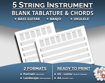 Afdrukbare blanco tabbladen en akkoorden voor 5 snaren - basgitaar, banjo, ukelele tabulatuur en akkoorddiagrammen, Letter/A4-formaat, Instant PDF Download