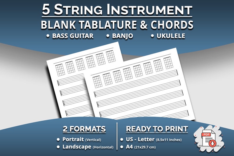 Printable Blank Tabs and Chords for 5 String Bass Guitar, Banjo, Ukulele Tablature & Chord diagrams, Letter/A4 size, Instant PDF Download image 1