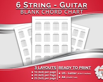 Afdrukbaar blanco gitaarakkoord met 6 snaren, 3 lay-outs (16, 20, 25 akkoordvakken per pagina) Klaar om af te drukken - US Letter & A4-formaat Gitaarakkoordenschema