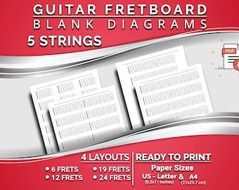 Printable 5 Strings Guitar Fretboard Blank Diagrams, 4 Layouts (6, 12, 19, 24 Frets), Blank 5 String Bass Neck Fret Charts, Ready to print