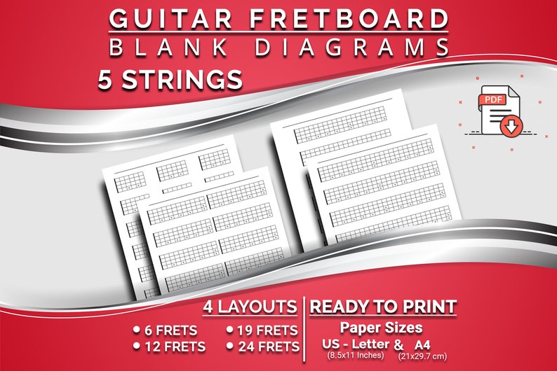 Printable 5 Strings Guitar Fretboard Blank Diagrams, 4 Layouts 6, 12