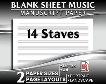 Printable Blank Sheet Music, 14 Staffs / Staves per page, Staff Paper, Portrait and landscape Layouts, Letter/A4 Size, Instant PDF Download