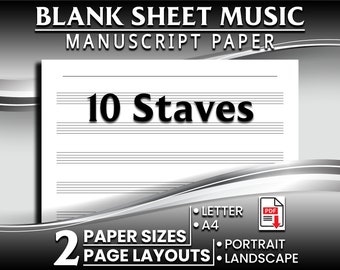 Printable Blank Sheet Music, 10 Staffs / Staves per page, Staff Paper, Portrait and landscape Layouts, Letter/A4 Size, Instant PDF Download