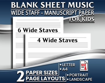 Printable Wide Staff Blank Sheet Music for Kids Music Practice, Large Staff Paper, Portrait/landscape Layouts, Letter/A4 Size, Printable PDF
