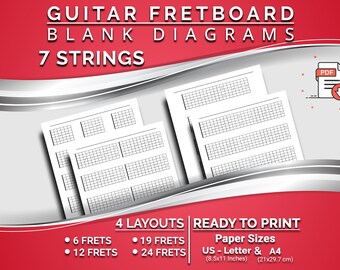 Printable 7 String Guitar Fretboard Blank Diagrams, 4 Layouts (6, 12, 19, 24 Frets), Blank 7 Strings Guitar Neck Fret Charts, Ready to print