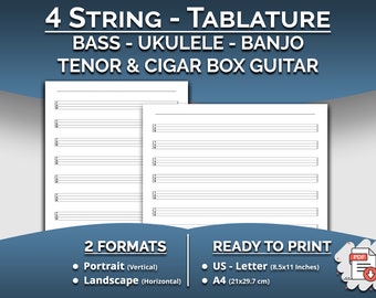 Afdrukbaar 4-snarige blanco tablatuurblad, tabblad voor bas, ukelele, 4 snaren - banjo, tenor en sigarenkistgitaar, Letter/A4-formaat, PDF-download