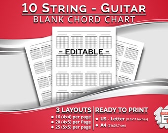 10 String Blank Guitar Chords - Editable and Printable, 3 Layouts (16, 20, 25 Chord Boxes per page) Ready to print PDF - US Letter & A4 Size