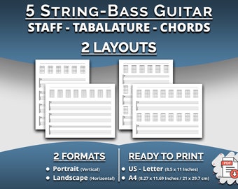 Afdrukbare 5-snarige basgitaar blanco tablatuur met muzieknoten en akkoordengrafieken, US Letter/A4-formaat, Instant PDF downloaden, blanco bastabbladen