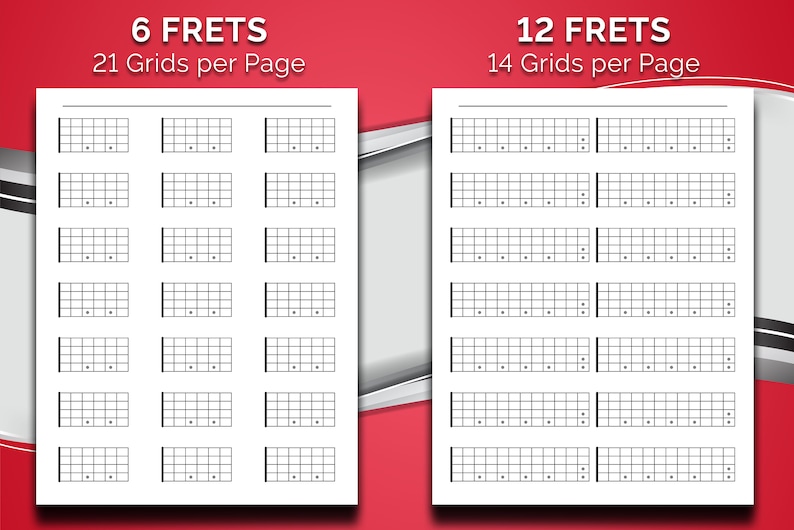 Printable 5 Strings Guitar Fretboard Blank Diagrams, 4 Layouts 6, 12