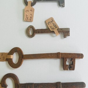 May include: Several antique keys with a rusty brown finish are arranged against a white background. Each key has a unique design, with some featuring decorative cutouts. Small tags with handwritten text are attached to some of the keys.