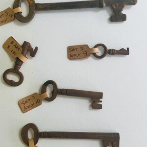 May include: Collection of antique keys with various designs and sizes. Each key is a rusty brown color and has a tag attached with handwritten text. The keys vary in shape, with some having ornate handles and intricate key bits.