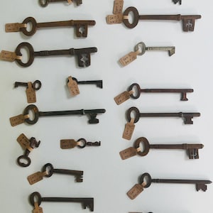 May include: A collection of antique keys in various shapes and sizes, arranged against a white background. The keys are primarily brown and black, with some showing signs of age and wear. Each key has a small tag attached, with handwritten text.