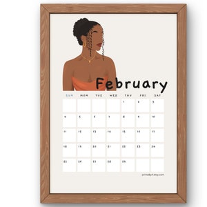 May include: A printable calendar featuring a digital illustration of a Black woman with a gold necklace and earrings. The calendar is for February and includes the days of the week and dates.