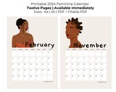 2024 Printable Feminine Calendar | Printable Calendar | Vertical Calendar | Printable aesthetic calendar | Black girl calendar