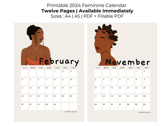 2024 Printable Feminine Calendar | Printable Calendar | Vertical Calendar | Printable aesthetic calendar | Black girl calendar