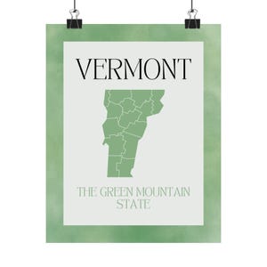 Vermont State Poster, Green Mountain State Wall Art, Home Decor, Gift for Travelers, State Pride Art