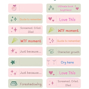Könnte beinhalten: Eine Sammlung rosa und grüner rechteckiger Aufkleber mit Sätzen wie "Love This", "WTF moment" und "Cry here". Der Text "THIS BELONGS TO a Booktok girlie" steht oben.