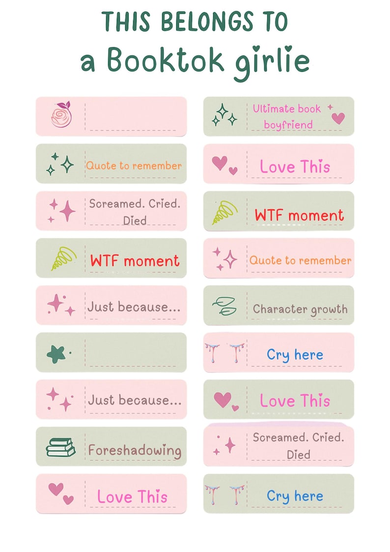 Printable book annotation sticky tabs for reading journal, pastel aesthetic bookish stationery for readers and BookTok fans