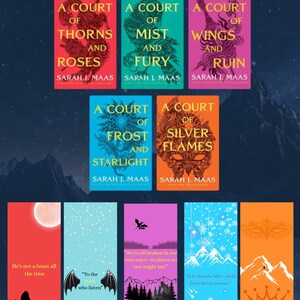 Peut inclure: L'image présente cinq livres de la série "A Court of Thorns and Roses" de Sarah J. Maas, avec des couvertures colorées. Sont également présentés six marque-pages avec des citations et des illustrations, dont un loup et des silhouettes.