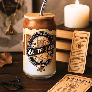 Harry HP wizard Butter Beer Can shaped glass with bamboo lid The boy who lived magic and fantasy merch - Wizard drinkware  Witchcraft