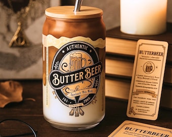Harry HP wizard Butter Beer Can shaped glass with bamboo lid The boy who lived magic and fantasy merch - Wizard drinkware  Witchcraft