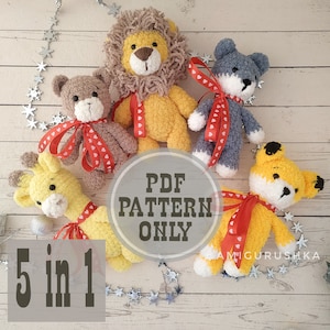 May include: Five crochet animal amigurumi patterns in one PDF download. The patterns include a lion, bear, fox, giraffe, and a dog. The animals are all yellow and have red ribbons with white hearts.