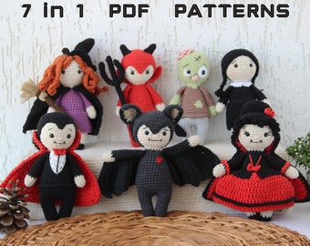 7in1 Amigurumi PATTERN Halloween Vampire Dracula, devil, bat and vampire girl for dia de los muertos and halloween decor