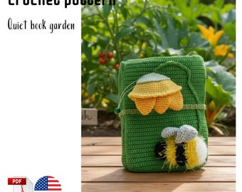 May include: A green crochet quiet book cover with a sunflower and bee design. The text "Crochet pattern" and "Quiet book garden" are displayed at the top. The PDF icon and the American flag are in the bottom left corner.