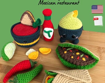 May include: A collection of crocheted Mexican food items, including a taco, burrito, avocado, salsa bowl, and chili peppers. The image also features a bottle of hot sauce and the text "Crochet pattern Mexican restaurant."