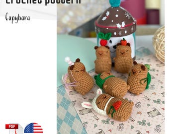 May include: A collection of handmade crochet capybara figurines in various poses. Some are adorned with party hats, leaf wraps, and bunny ears. The text "Crochet pattern Capybara" is visible in the upper left corner. The figurines are brown with white and green accents.
