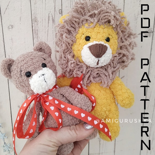 2in1 Amigurumi PATTERN mountain Lion and teddy Bear pattern for jungle baby shower. Lion plush and stuffed teddy bear scandinavian nursery