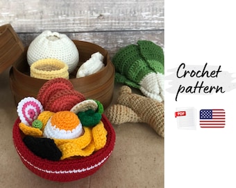 May include: A crocheted food set featuring a red bowl filled with various colorful items, including a fried egg, and a bamboo steamer with dumplings. The image includes the text "Crochet pattern" and a PDF icon.