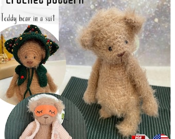 May include: A crochet pattern for a teddy bear in a suit. The image shows a light brown teddy bear in three different outfits: a green suit with a hat, a pink pajama set with an eye mask, and a standalone bear. The text "Crochet pattern" and "Teddy bear in a suit" are visible.