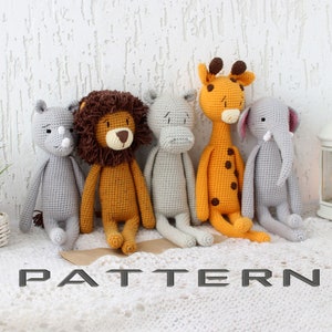 5 en 1 Amigurumi PATTERN Safari decoración de guardería - rey león jirafa hipopótamo rinoceronte y elefante para nuevo regalo de bebé y guardería escandinava