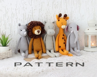 5 en 1 Amigurumi PATTERN Safari decoración de guardería - rey león jirafa hipopótamo rinoceronte y elefante para nuevo regalo de bebé y guardería escandinava