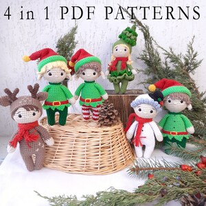 May include: Four crochet amigurumi patterns: a reindeer, a snowman, and two elves. The elves are wearing green and red outfits. The patterns are available as a PDF download.
