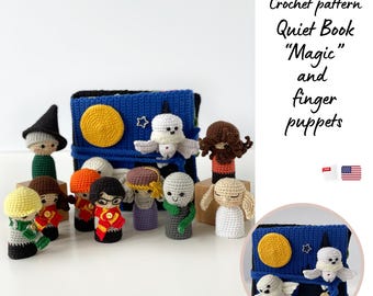 May include: A collection of crocheted finger puppets and a quiet book with a blue cover, yellow moon, and white stars. The puppets include characters with various hair colors, hats, and outfits. The text reads "Crochet pattern Quiet Book 'Magic' and finger puppets."
