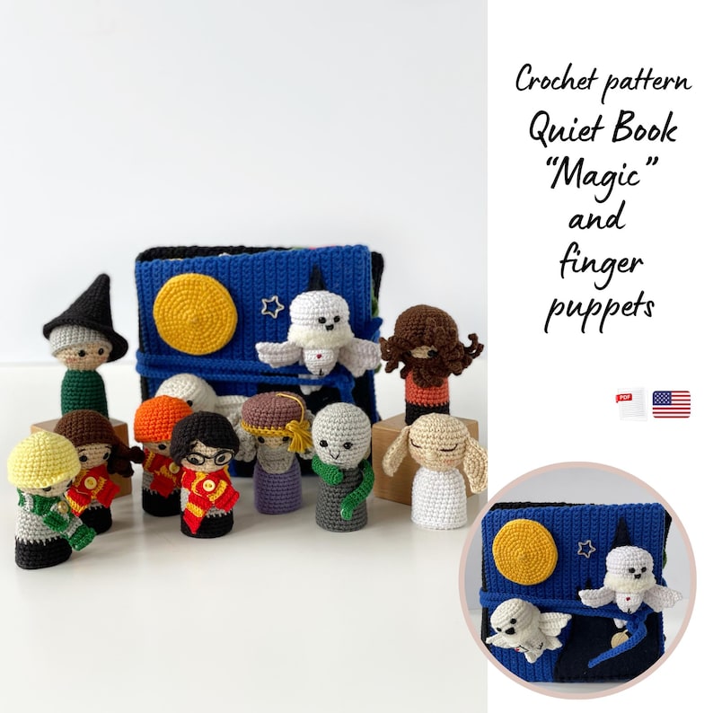 May include: A collection of crocheted finger puppets and a quiet book with a blue cover, yellow moon, and white stars. The puppets include characters with various hair colors, hats, and outfits. The text reads "Crochet pattern Quiet Book 'Magic' and finger puppets."