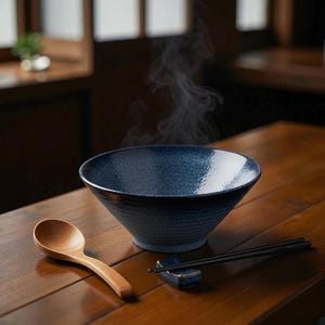 Peut inclure: Un bol en céramique bleu avec une surface texturée, de la vapeur qui s'en échappe, une cuillère en bois et des baguettes sur une table en bois. Le bol est le point central, suggérant qu'un repas est prêt à être servi.