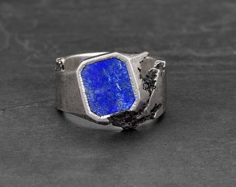 Natural Lapis Lazuli Men's Ring, 925 Sterling Silver Ring, Lapis Lazuli Ring, Promise Ring, Men Hammered Ring, Twisted Ring, Gift For Him