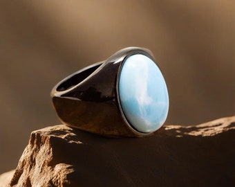 Natural Larimar Ring, 925 Sterling Silver Ring, Larimar Men Ring, Gift For Him, Black Rhodium Ring