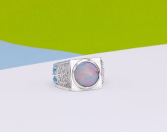 Natural White Opal & Turquoise Ring, 925 Sterling Silver Ring, Men's Opal Ring, Birthday Gift For Him, Promise Ring