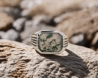 Natural Moss Agate Ring,  925 Sterling Silver Ring, Moss Agate Men's Ring, Promise Ring, Gift For Him