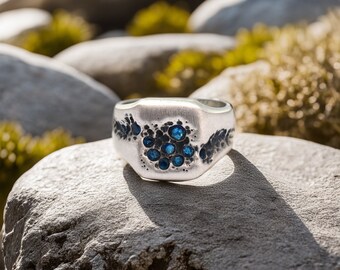 Blue Sapphire Ring, 925 Sterling Silver Ring, Men Sapphire Ring, Hammered Band Ring, Birthday Gift For Him, Matt Finish