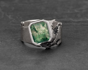 Moss Agate Men's Ring, 925 Sterling Silver Ring, Moss Agate Ring, Promise Ring, Men Hammered Ring, Twisted Ring