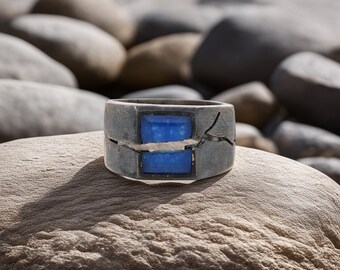 Blue Sapphire Ring, 925 Sterling Silver Ring, Men Sapphire Ring, Crack Ring, Birthday Gift For Him