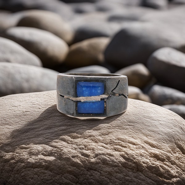 Blue Sapphire Ring, 925 Sterling Silver Ring, Men Sapphire Ring, Crack Ring, Birthday Gift For Him