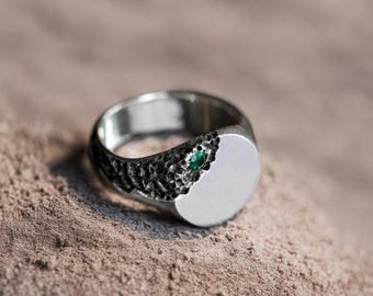 Emerald Gemstone Ring, 925 Sterling Silver Ring, Hammered Band Ring, Men's Emerald Ring, Statement Ring