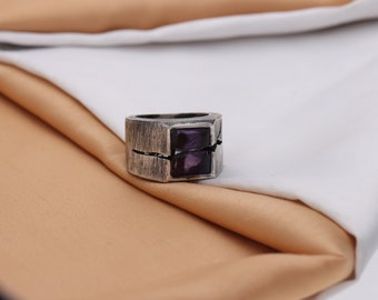 Natural Amethyst Ring, 925 Sterling Silver Ring, Men Amethyst Ring, Crack Ring, Birthday Gift For Him, Oxidized Ring